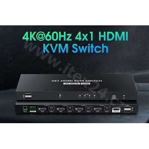 4K@60Hz HDMI2.0 KVM switch 4:1 s dálkovým ovladačem